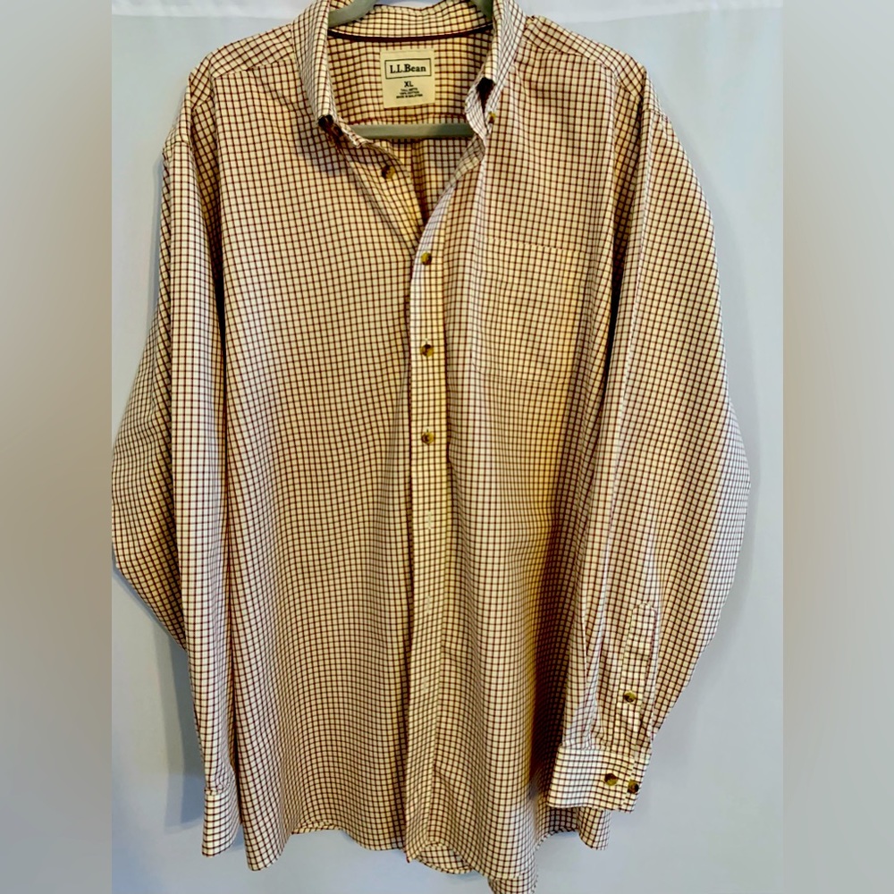 LL Bean Mens XLT Brown&White Check Long Sleeve Button Down Oxford Shirt 100% Ct